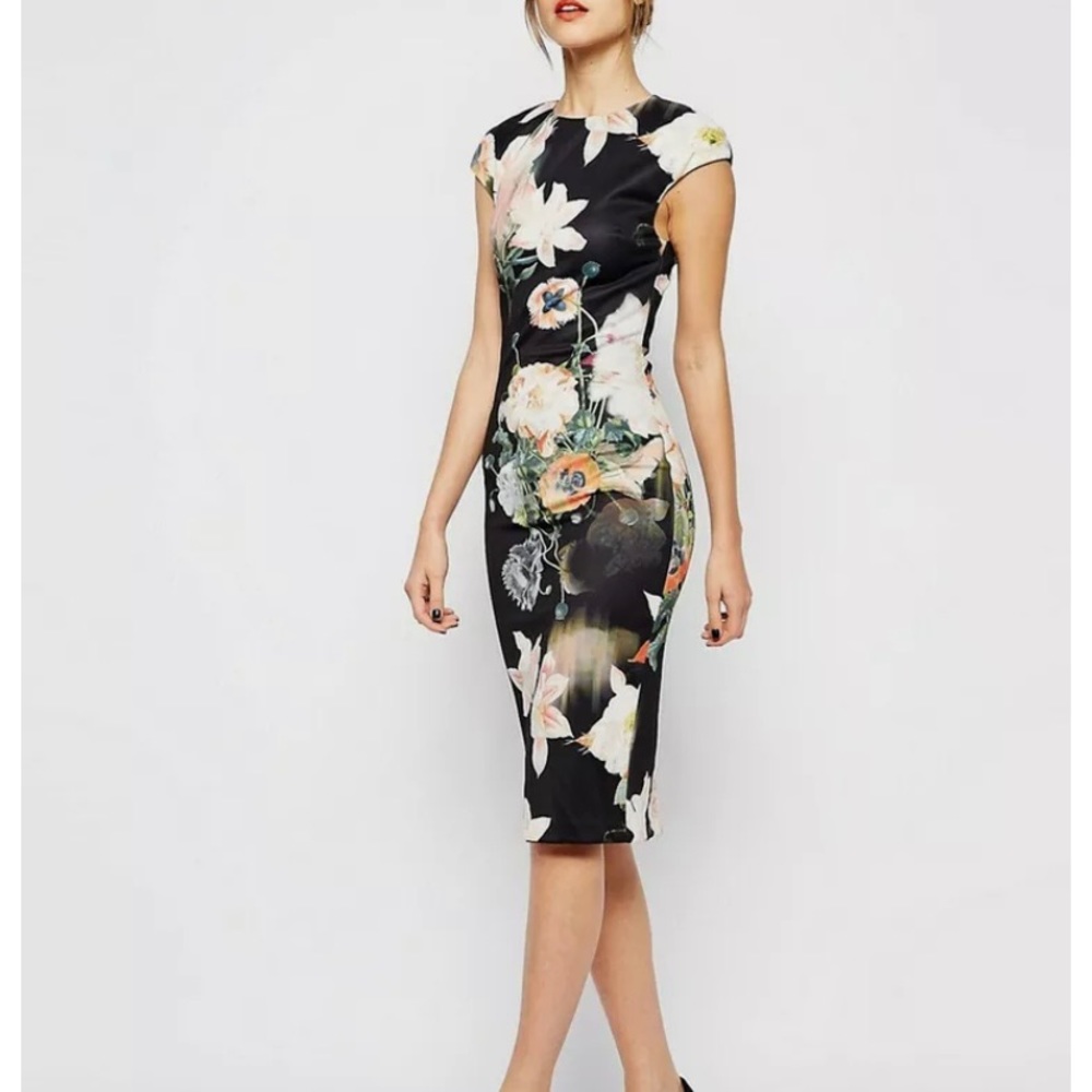 ted baker opulent bloom dress sheath midi dress floral black zip back lily